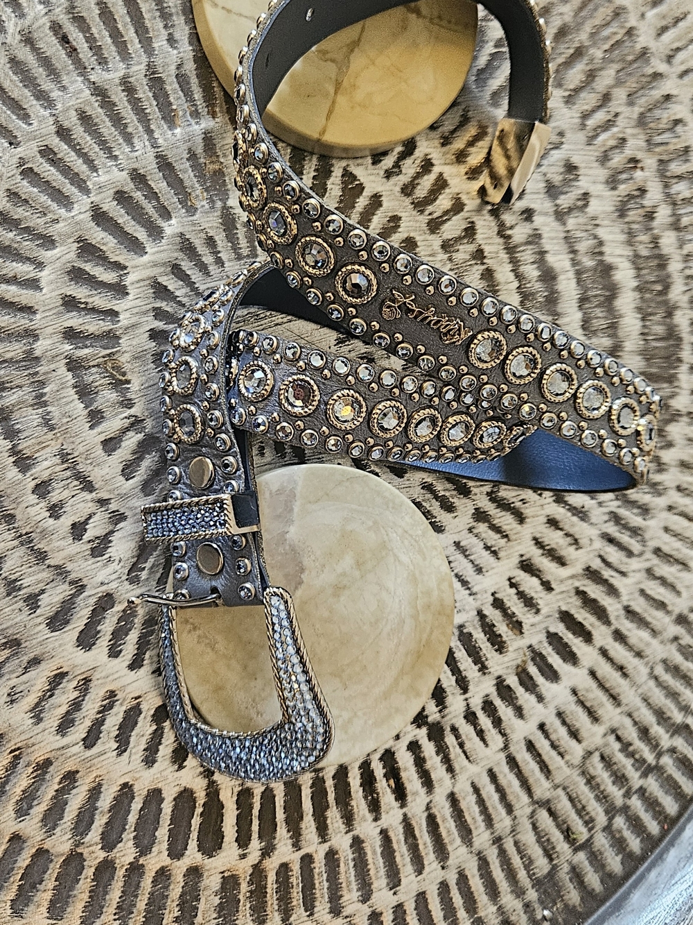 Kippyโs Swarovski Crystal & Studded Leather Western Belt - Blue / Silver - 34